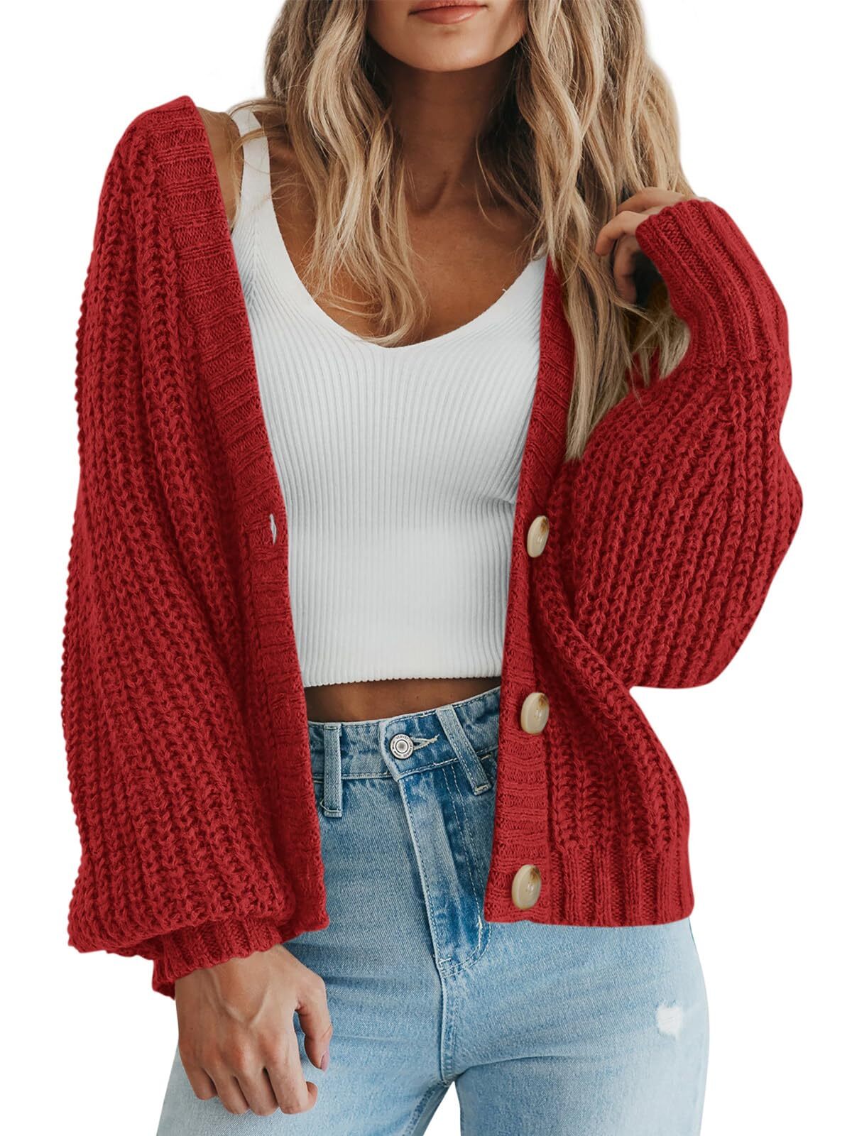 Oryer Women's Chunky Knit Open Front Sweater Long Sleeve Button Loose Short Cardigan