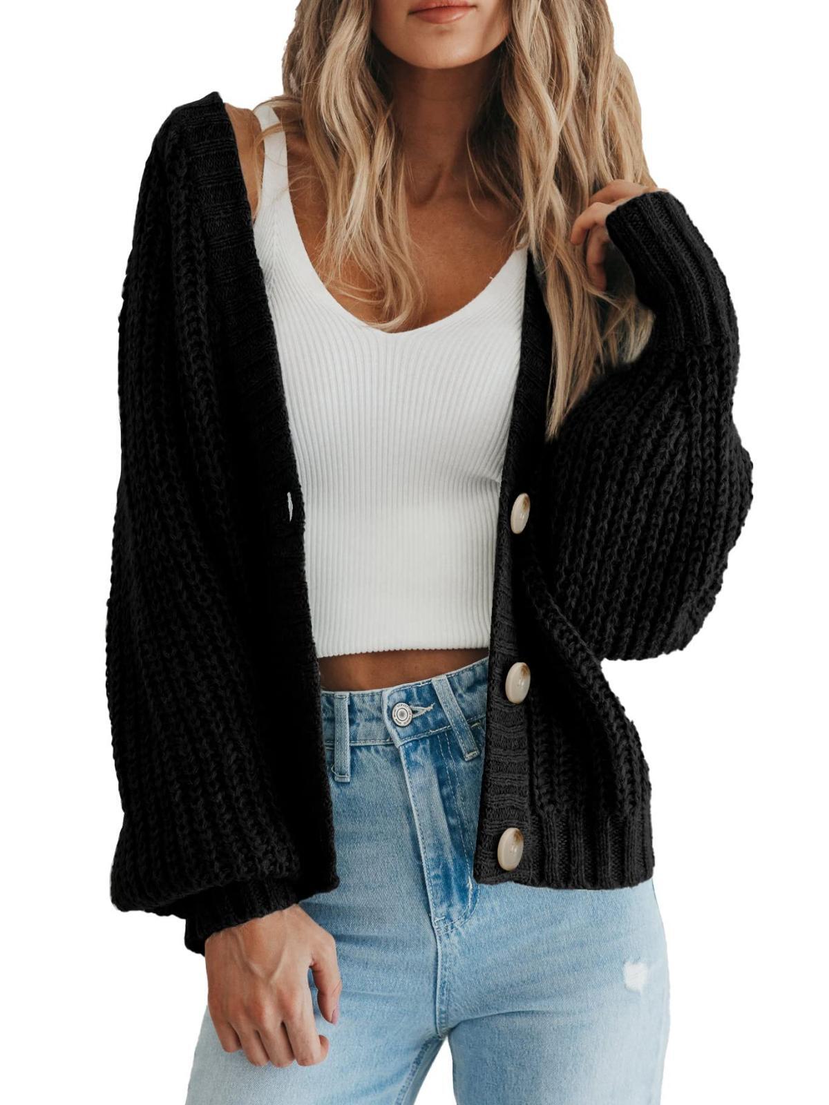 Oryer Women's Chunky Knit Open Front Sweater Long Sleeve Button Loose Short Cardigan
