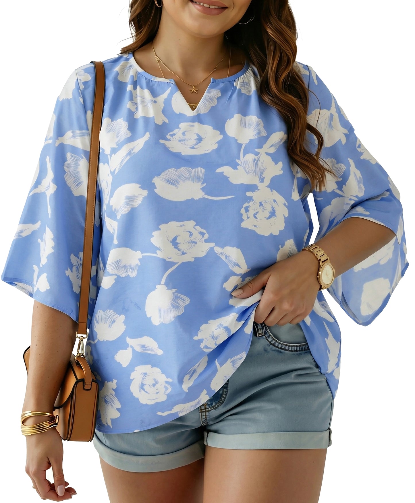 Oryer Womens Plus Size Tops V Neck 3/4 Bell Sleeve Womens Blouse, Trendy Tunic Summer Shirts for Women 1X-5X