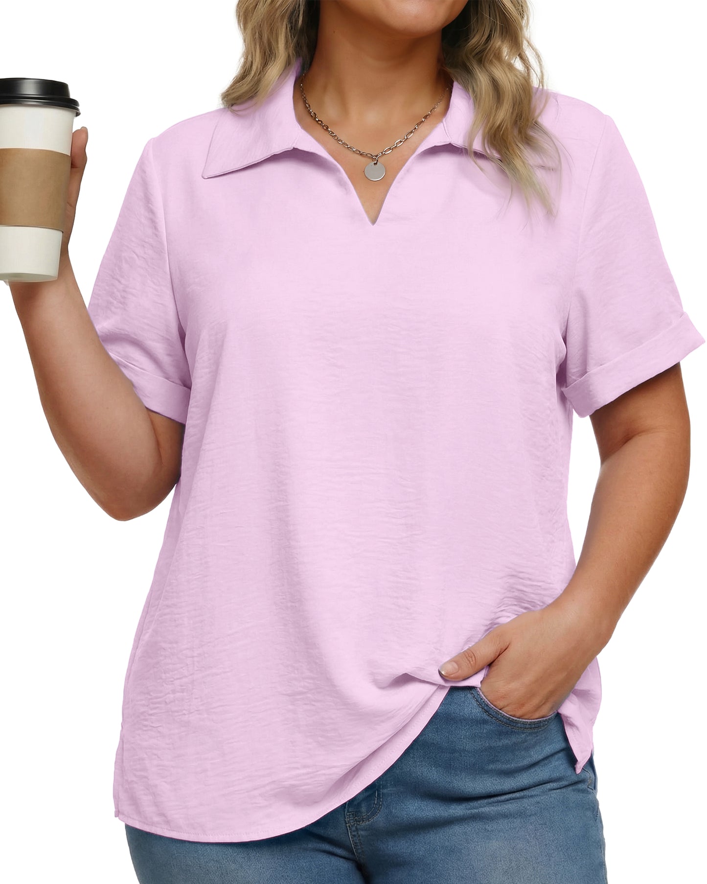 Oryer Womens Plus Size Tops V Neck Trendy Tunic Polo Casual Shirts Short Sleeve Womens Blouses Summer