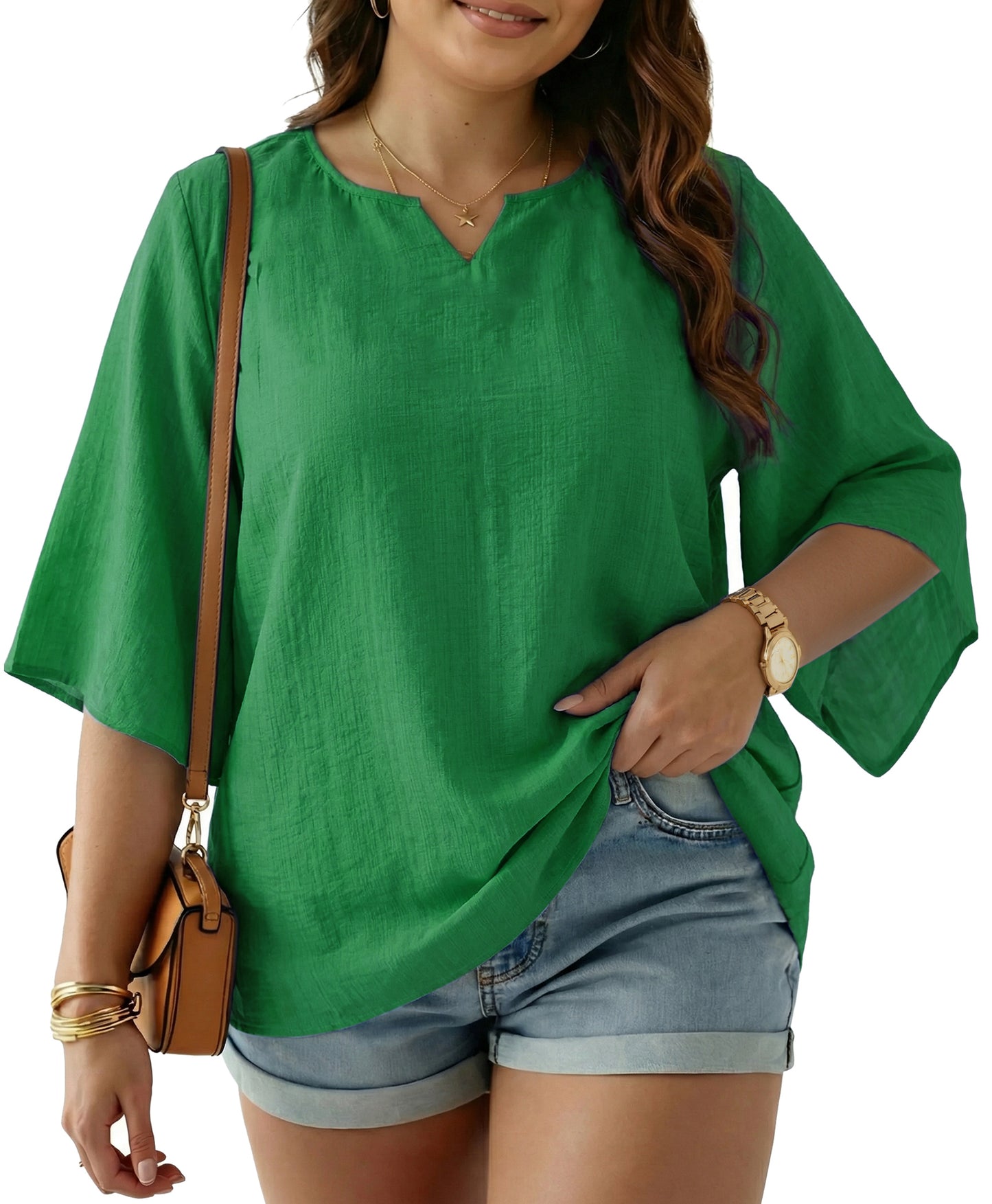 Oryer Womens Plus Size Tops V Neck 3/4 Bell Sleeve Womens Blouse, Trendy Tunic Summer Shirts for Women 1X-5X