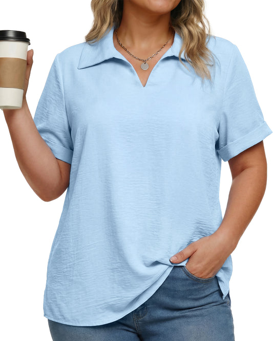 Oryer Womens Plus Size Tops V Neck Trendy Tunic Polo Casual Shirts Short Sleeve Womens Blouses Summer