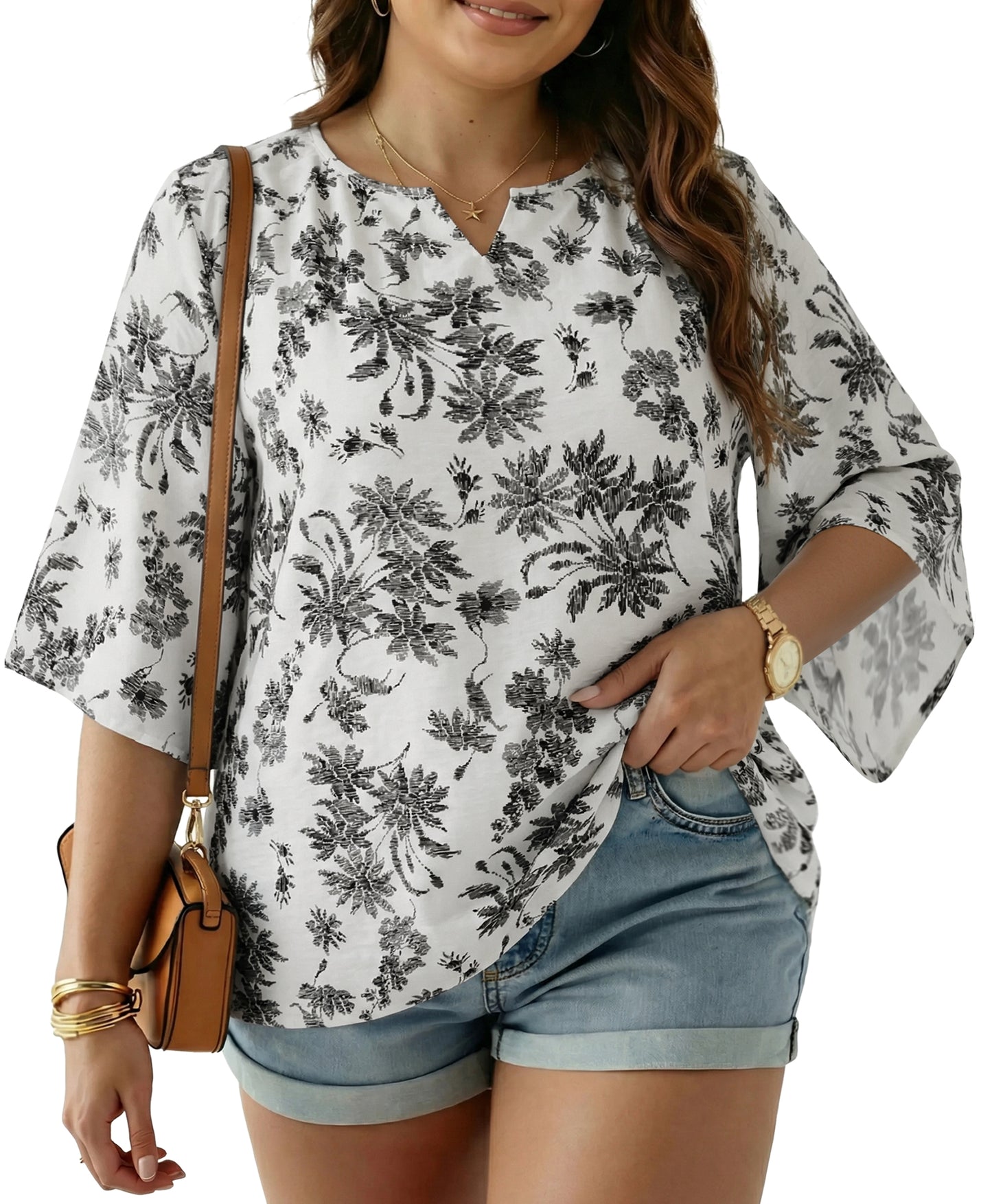 Oryer Womens Plus Size Tops V Neck 3/4 Bell Sleeve Womens Blouse, Trendy Tunic Summer Shirts for Women 1X-5X
