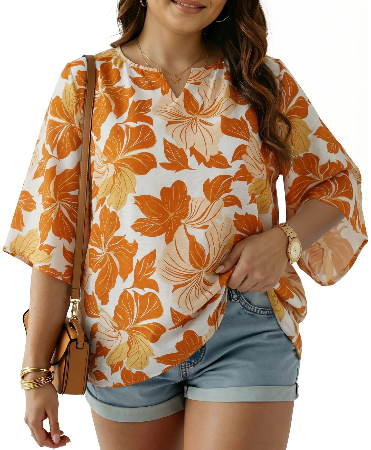 Oryer Womens Plus Size Tops V Neck 3/4 Bell Sleeve Womens Blouse, Trendy Tunic Summer Shirts for Women 1X-5X
