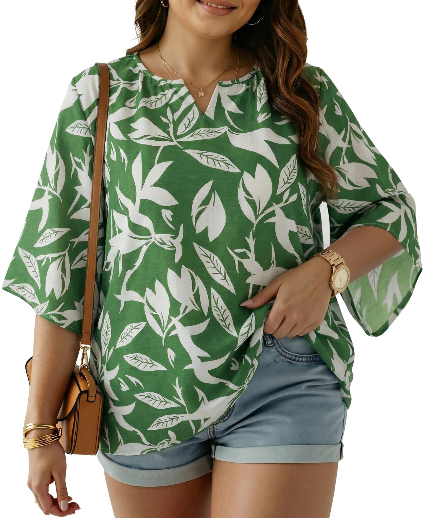 Oryer Womens Plus Size Tops V Neck 3/4 Bell Sleeve Womens Blouse, Trendy Tunic Summer Shirts for Women 1X-5X