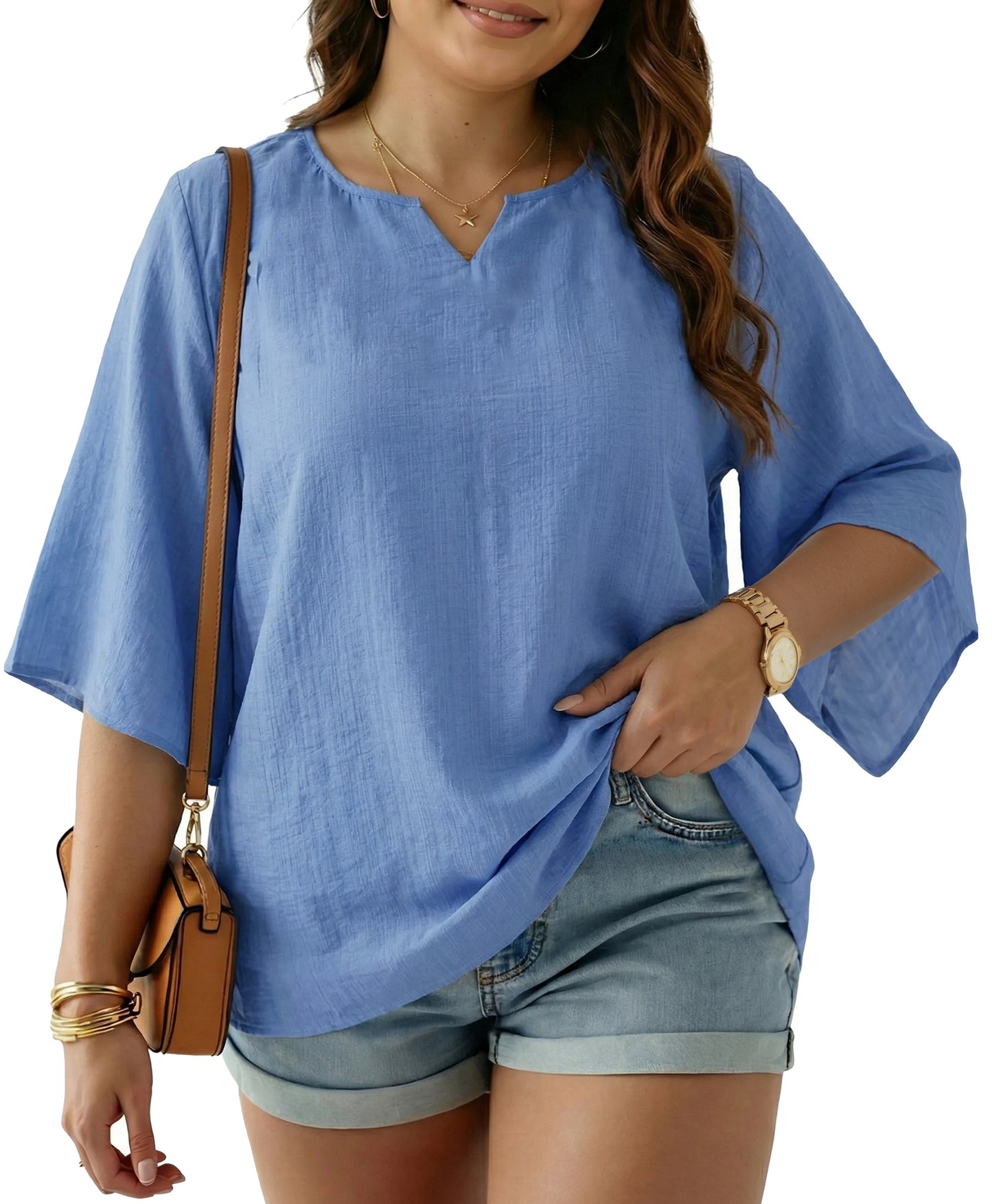 Oryer Womens Plus Size Tops V Neck 3/4 Bell Sleeve Womens Blouse, Trendy Tunic Summer Shirts for Women 1X-5X