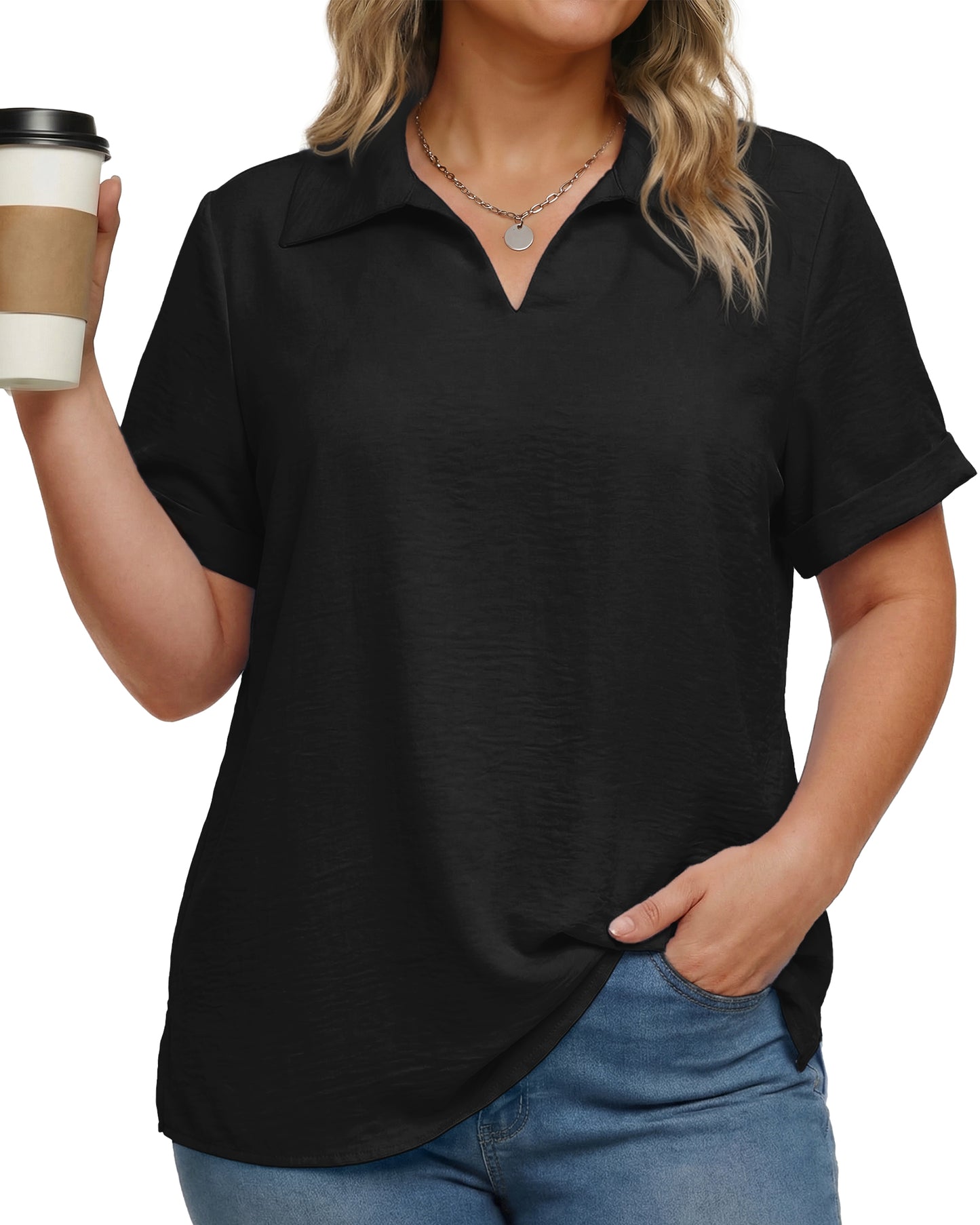 Oryer Womens Plus Size Tops V Neck Trendy Tunic Polo Casual Shirts Short Sleeve Womens Blouses Summer