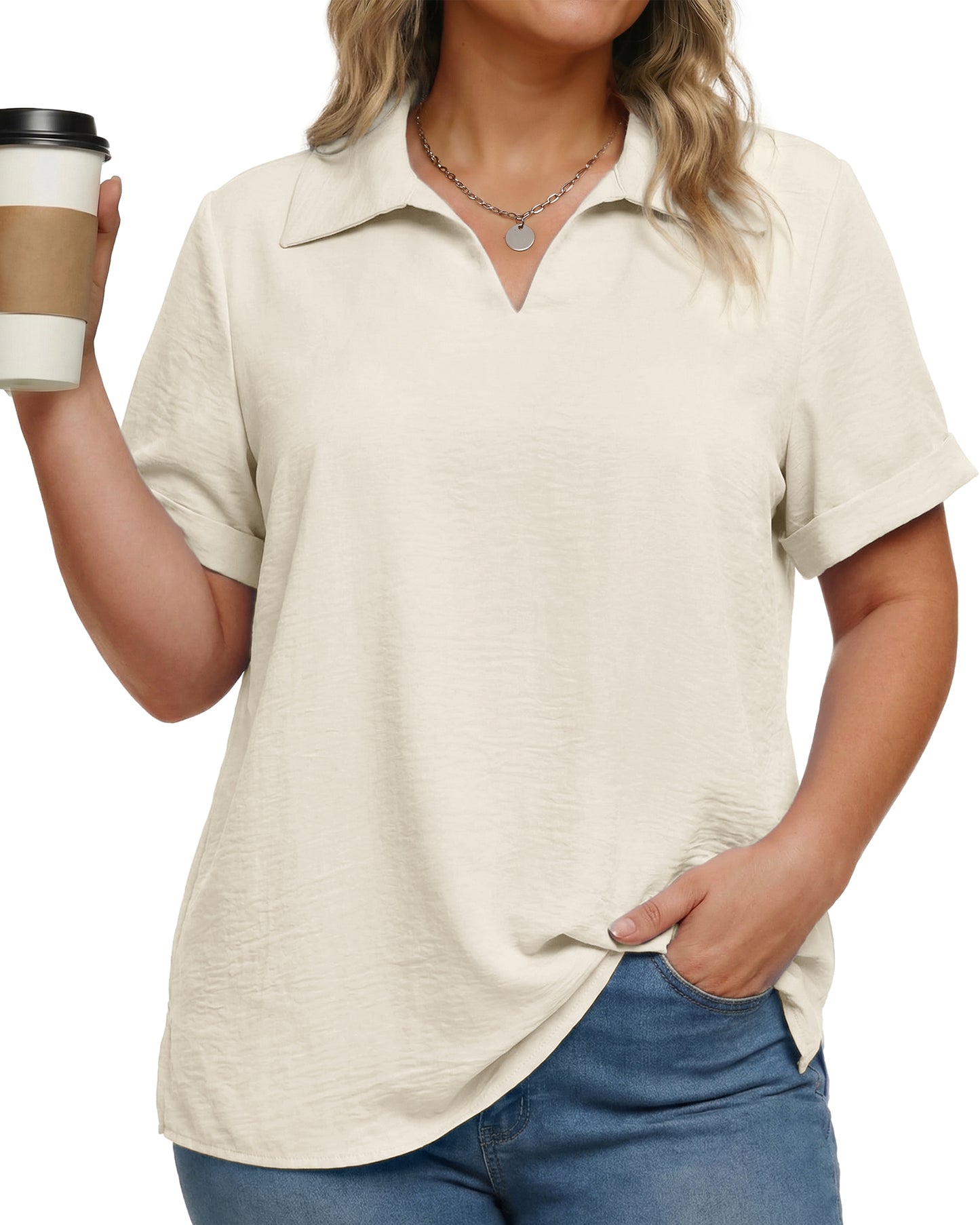 Oryer Womens Plus Size Tops V Neck Trendy Tunic Polo Casual Shirts Short Sleeve Womens Blouses Summer