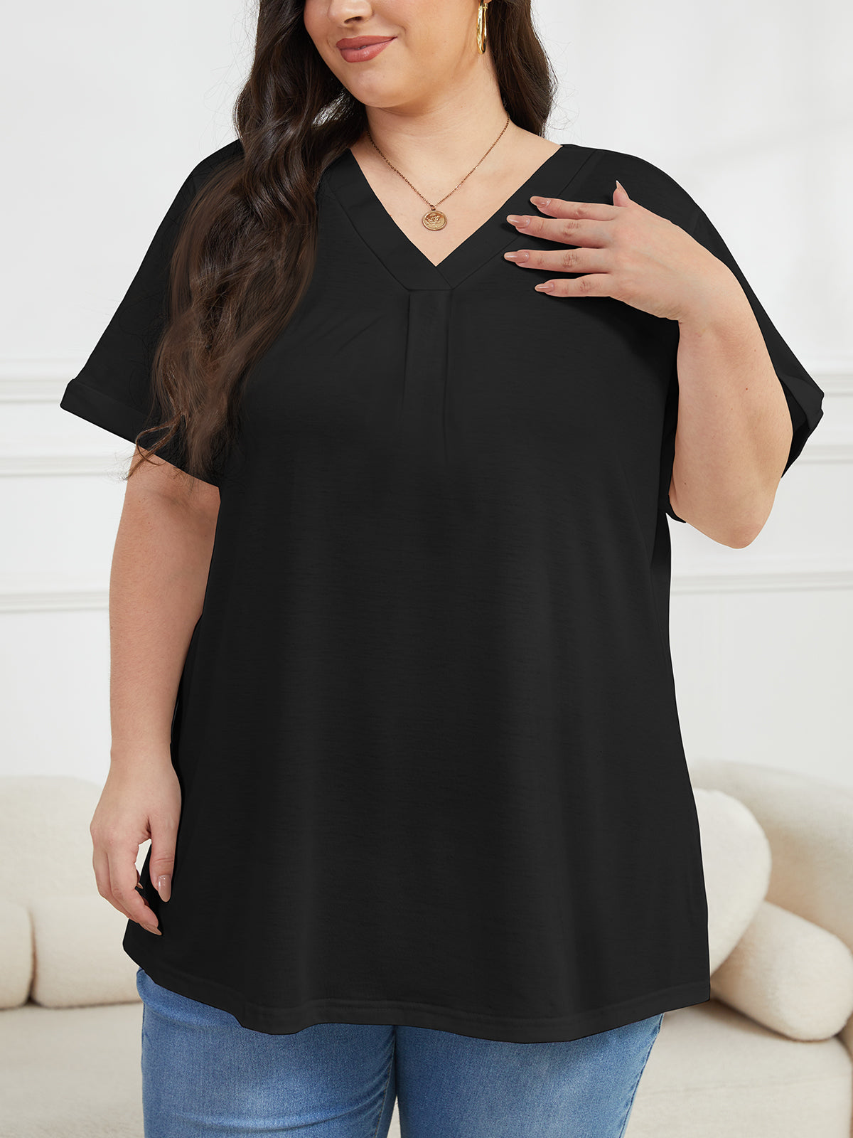 Oryer Women Plus Size Top Short Sleeve Tunic Blouses V Neck Shirts