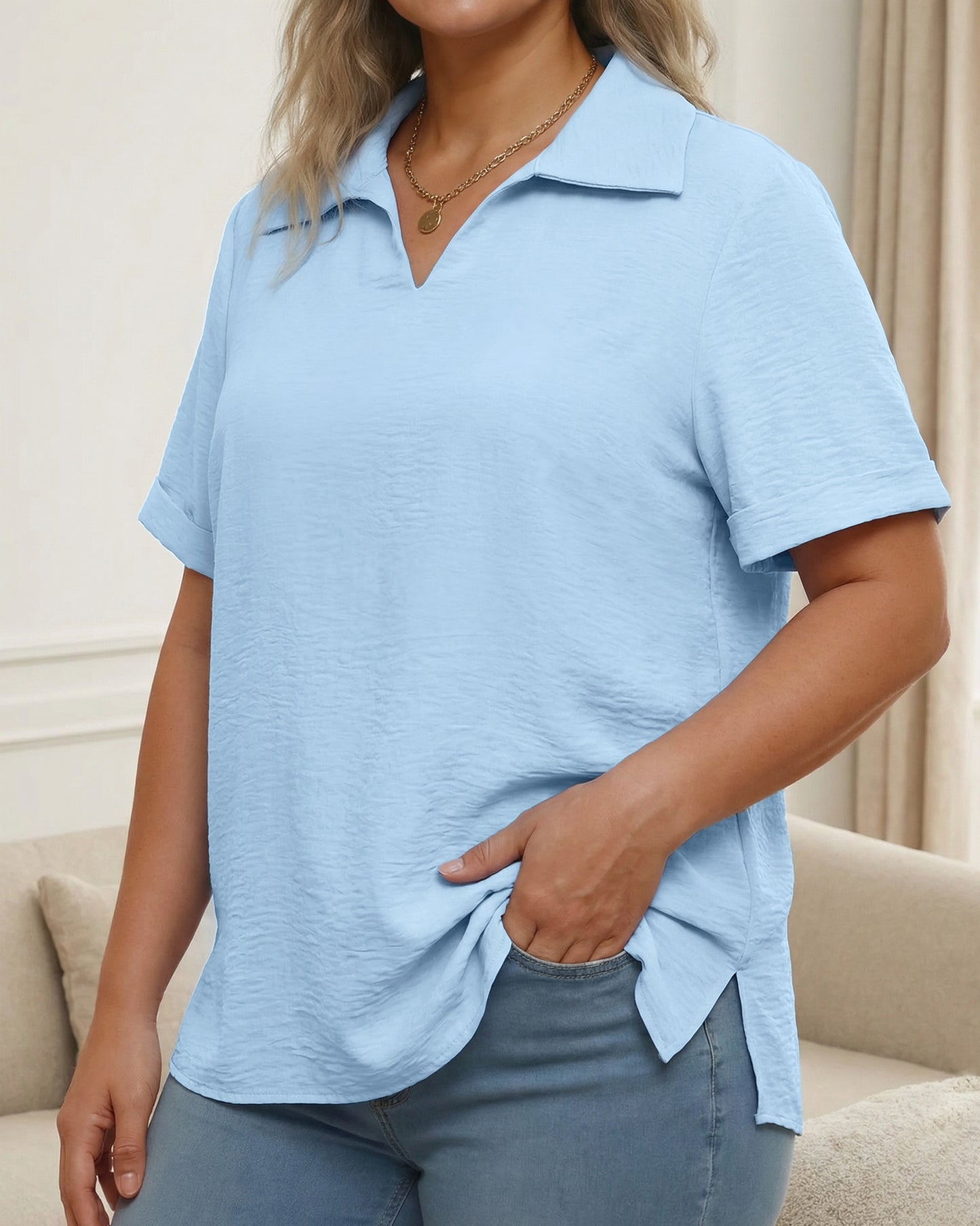 Oryer Womens Plus Size Tops V Neck Trendy Tunic Polo Casual Shirts Short Sleeve Womens Blouses Summer