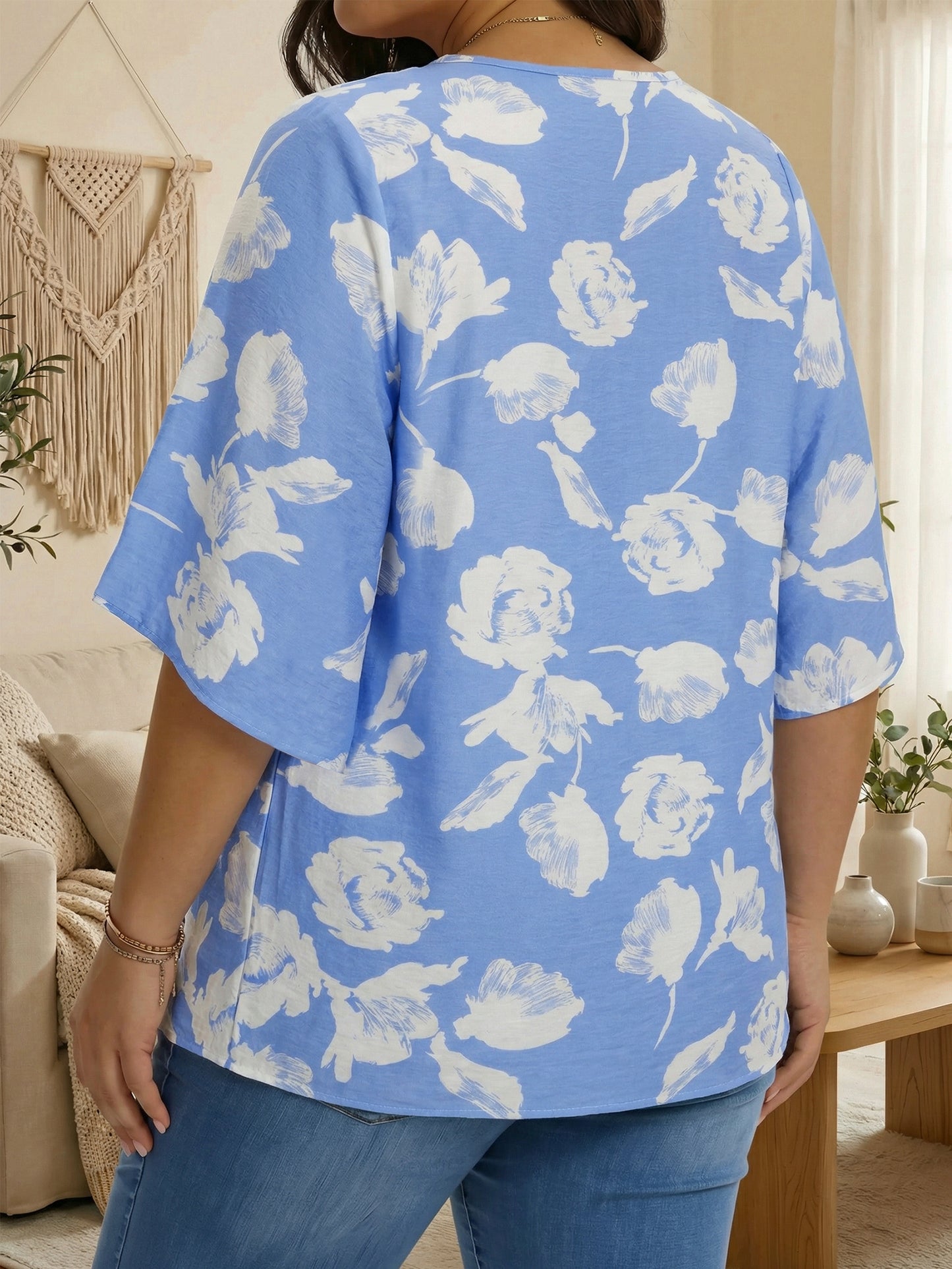Oryer Womens Plus Size Tops V Neck 3/4 Bell Sleeve Womens Blouse, Trendy Tunic Summer Shirts for Women 1X-5X
