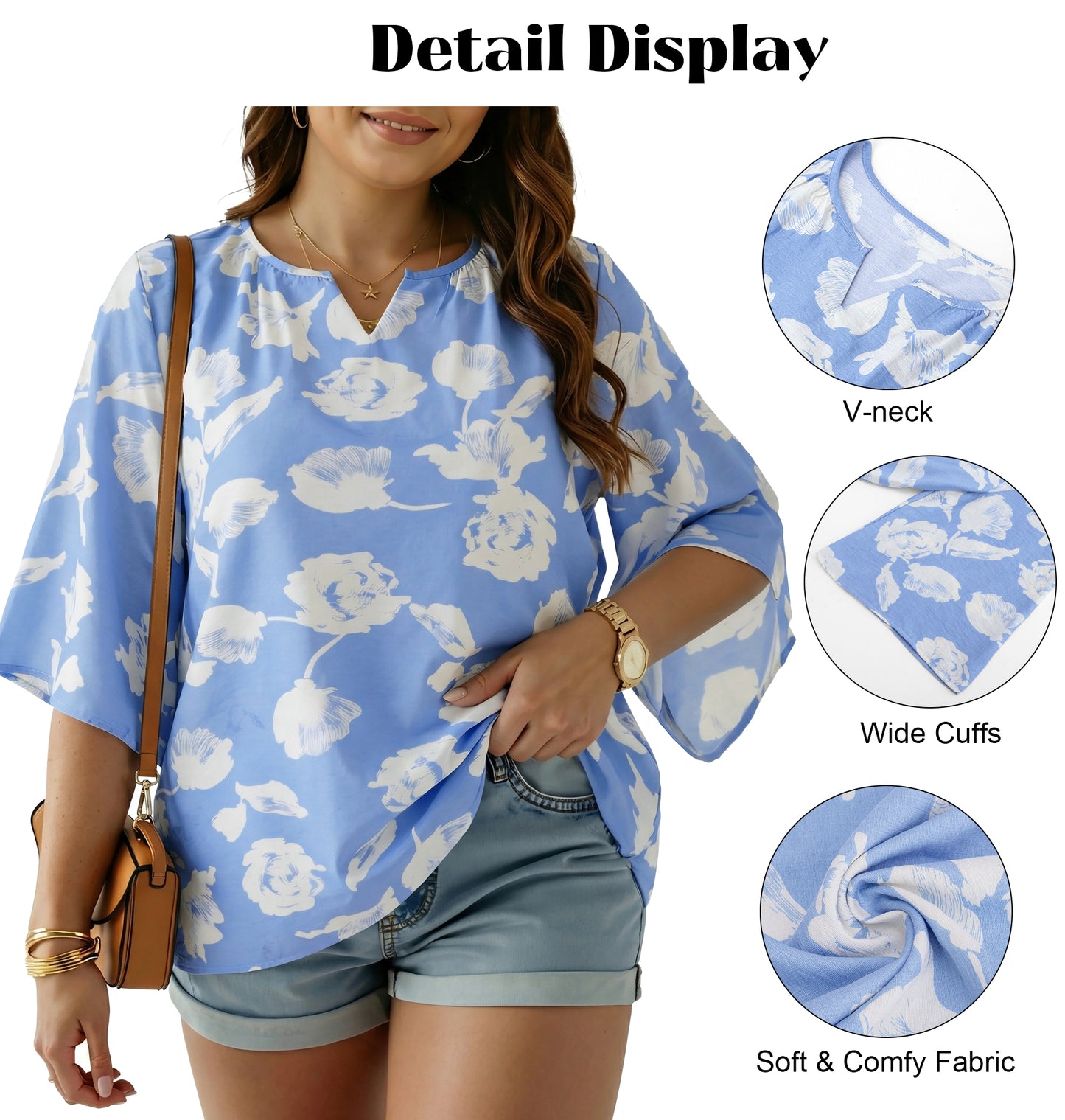 Oryer Womens Plus Size Tops V Neck 3/4 Bell Sleeve Womens Blouse, Trendy Tunic Summer Shirts for Women 1X-5X