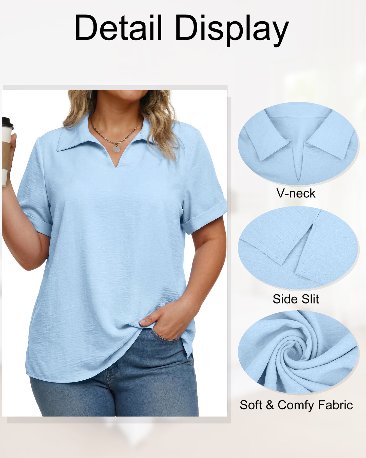 Oryer Womens Plus Size Tops V Neck Trendy Tunic Polo Casual Shirts Short Sleeve Womens Blouses Summer
