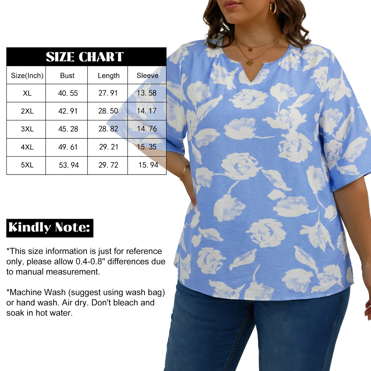 Oryer Womens Plus Size Tops V Neck 3/4 Bell Sleeve Womens Blouse, Trendy Tunic Summer Shirts for Women 1X-5X