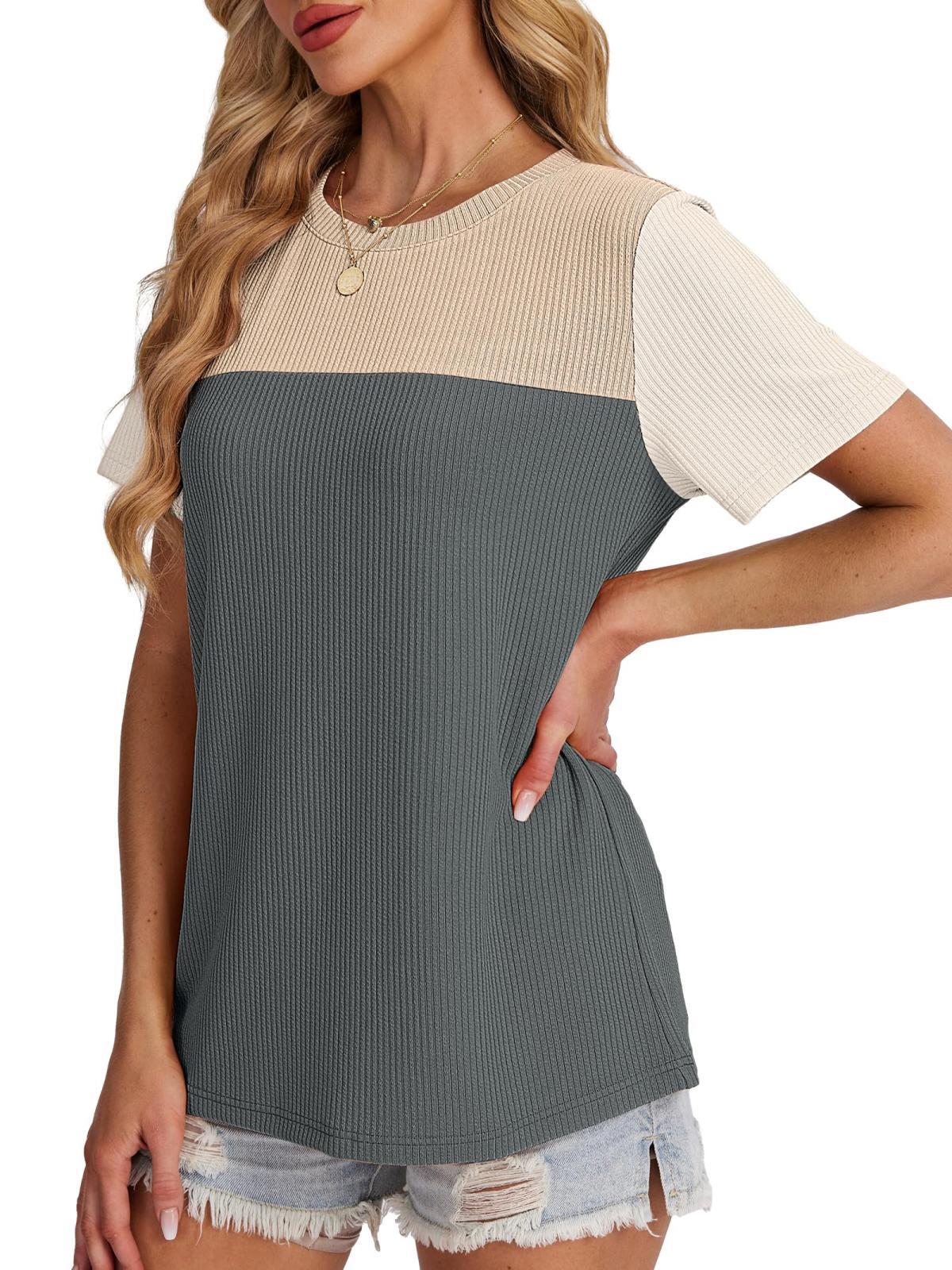 Oryer Womens Fashion 2025 Color Block Shirts Short Sleeve Crewneck Knitted