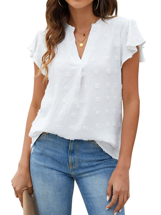 Oryer Womens White Blouse V Neck Ruffle Sleeve Flowy Shirts Dressy