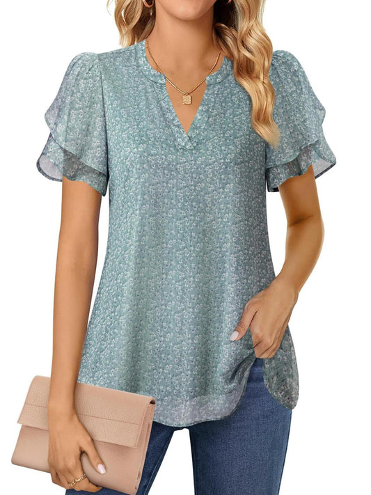 Oryer Womens Dressy Chiffon Blouses Summer Puff Petal Short Sleeve Shirts V Neck
