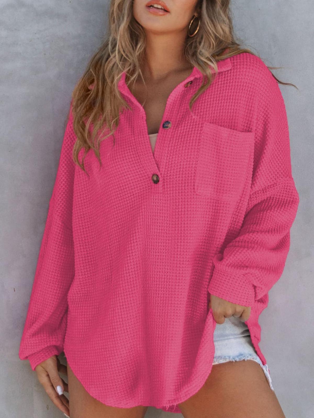 Oryer Women Waffle Knit Tops Henley Shirts Long Sleeve V Neck