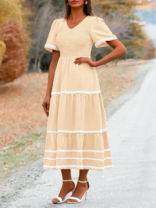 Oryer Women's Casual Summer Maxi Dress Short Sleeve Swiss Dot V Neck Dress