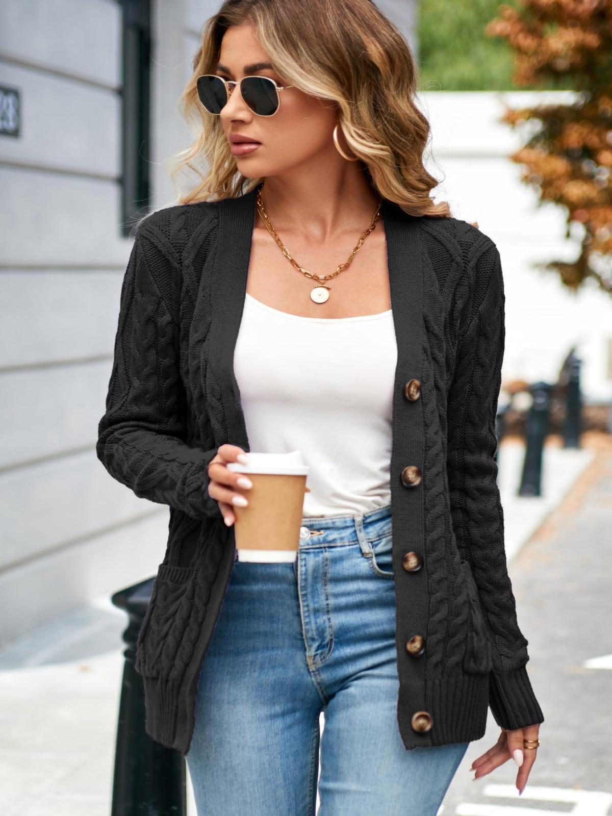 Oryer Women's Cable Knit Open Front Button Down Cardigan